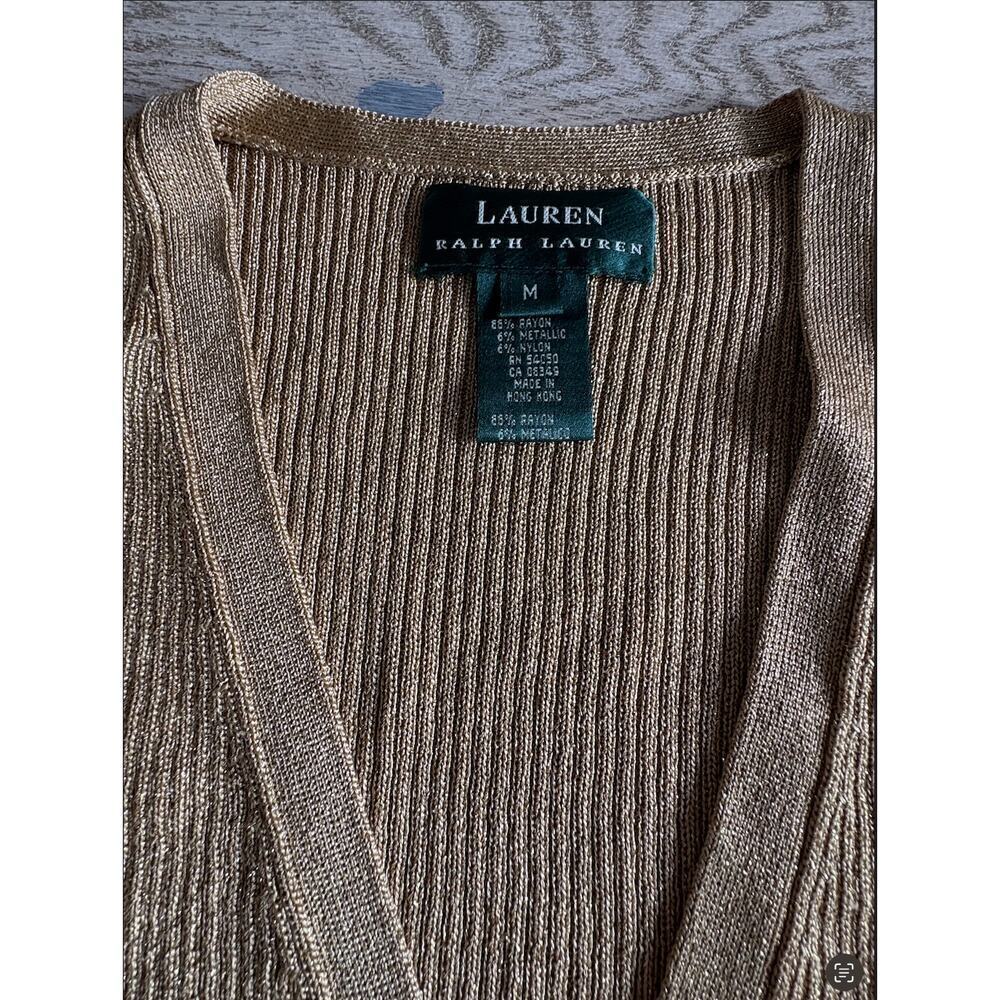 EUC Lauren Ralph Lauren Metallic Gold Ribbed Cardigan - Size M $150 - Picture 3 of 5